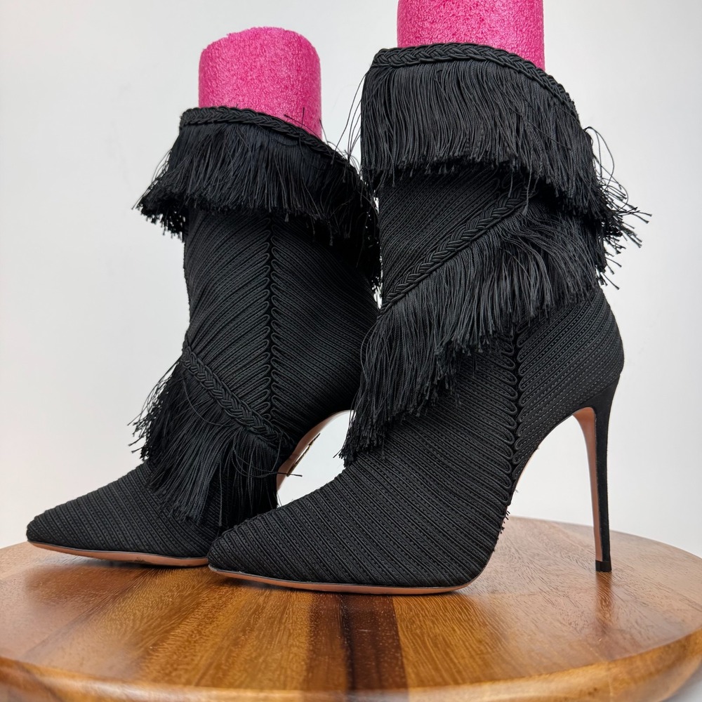 Womens Aquazzura Black Fringe Heeled Ankle Boots Booties Size 38.5 US 8.5 M GUC - Picture 2 of 7